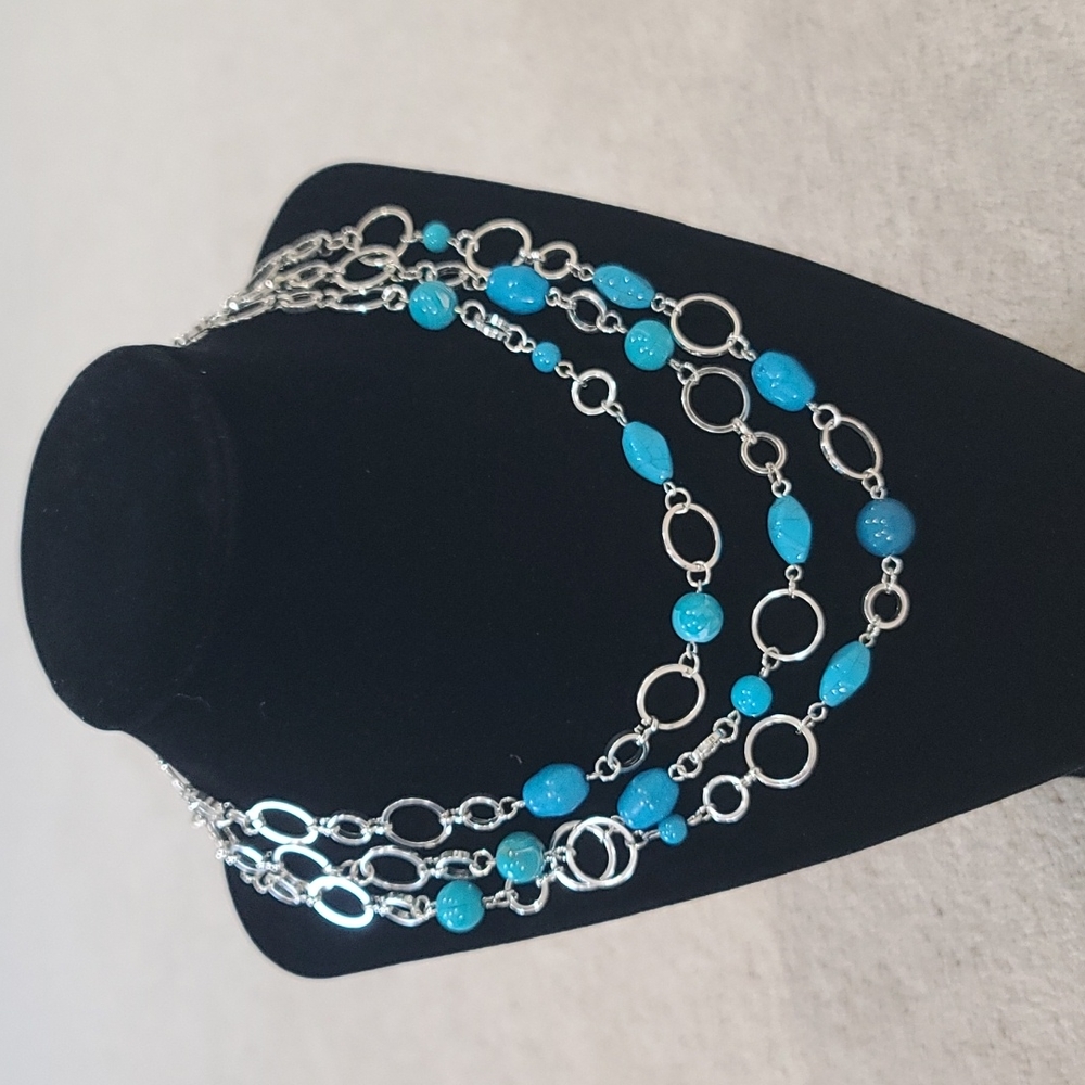 Turquoise Silver 3-Strand Bead Necklace